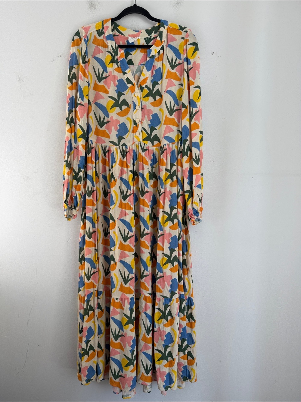 Fresha London geometric cutout print button up long sleeve tiered maxi dress